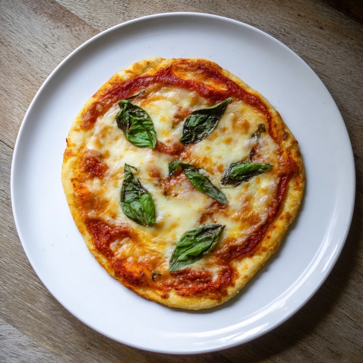Golden homemade pizza with bubbling mozzarella and fresh basil on a crispy crust.  