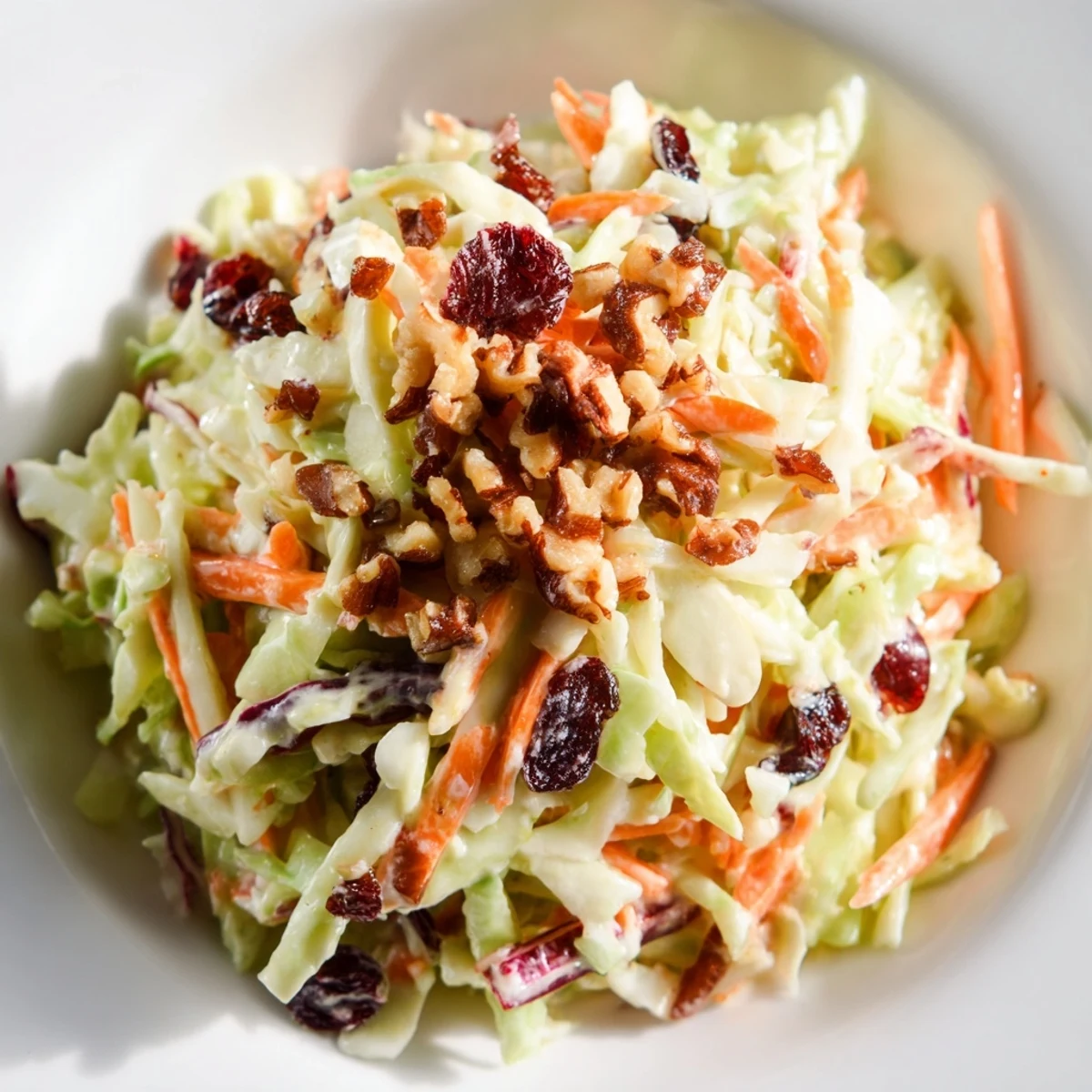 Chilled bowl of Cranberry Apple Coleslaw featuring sweet apple slices and dried cranberries.