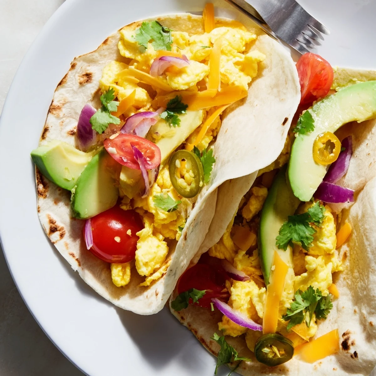 Fluffy breakfast tacos recipe with eggs, avocado, and fresh cilantro in tortillas  