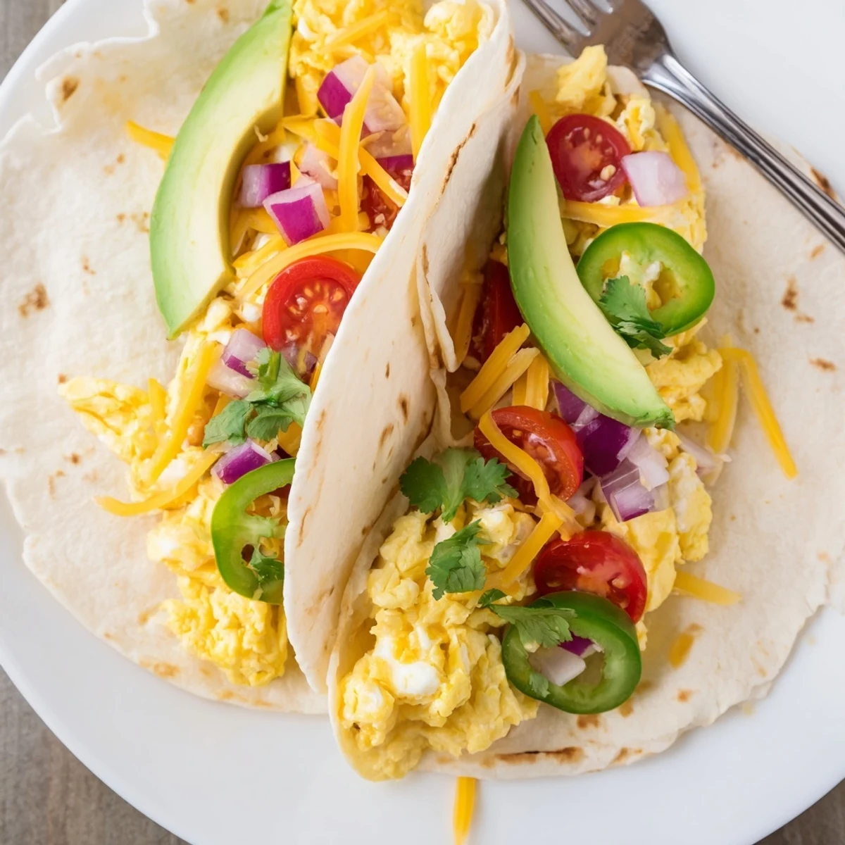 Delicious breakfast tacos recipe featuring crisp veggies and melted cheddar on tortillas