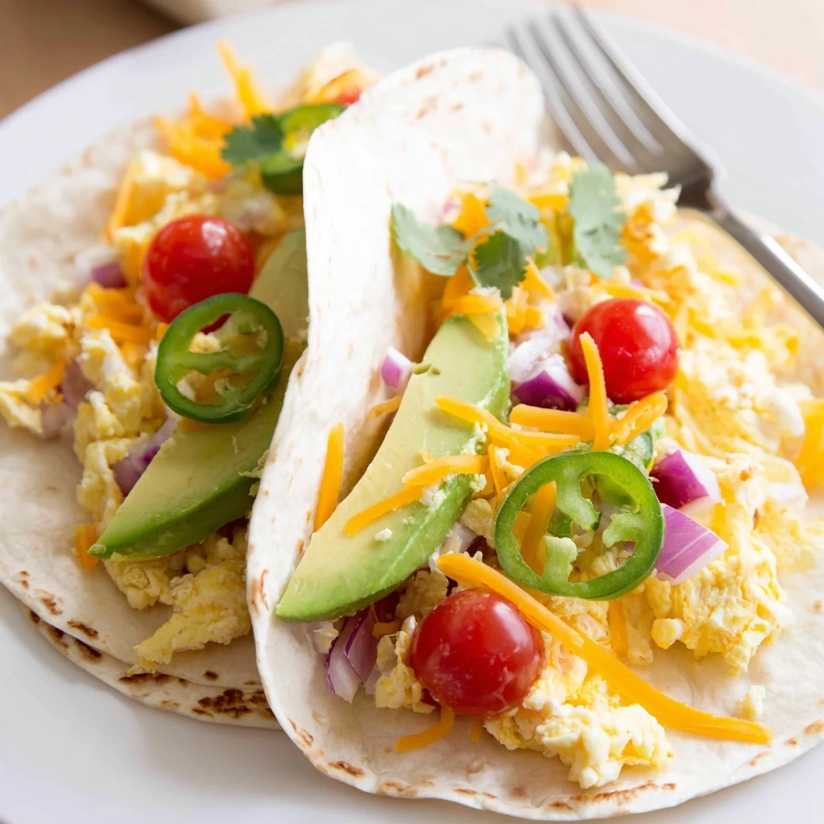 Warm breakfast tacos recipe loaded with cheese, tomatoes, and savory scrambled eggs  