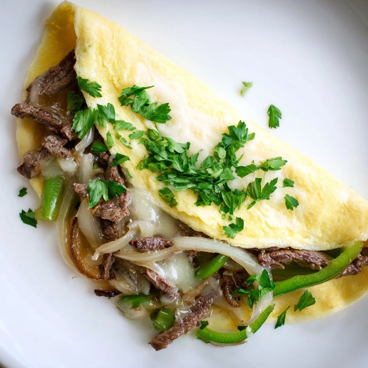 Golden Philly cheesesteak omelette stuffed with savory steak, peppers, and melted provolone.  
