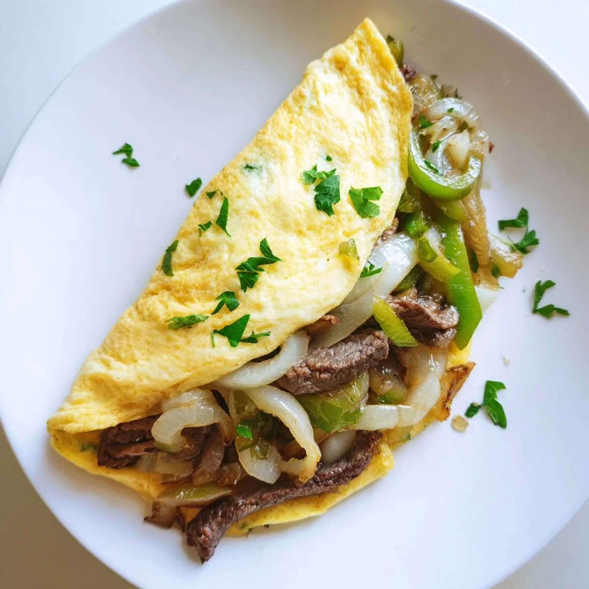 Hearty Philly cheesesteak omelette featuring tender steak, bell peppers, and melted cheese.