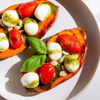 Summer Sweet Potatoes With Tomatoes Mozzarella Pesto