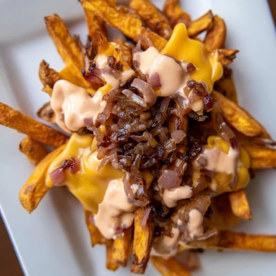 Golden fries smothered in cheese sauce with tangy Animal Style topping