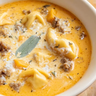Steaming bowl of butternut squash sausage tortellini soup garnished with fresh crispy sage leaves