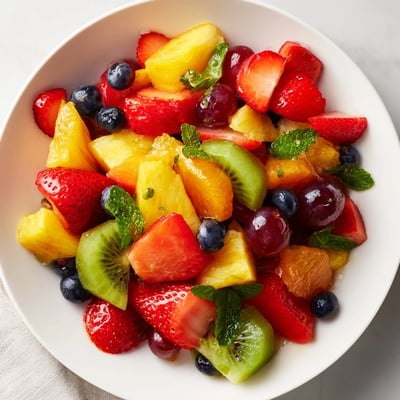 Refreshing fruit bowl drizzled with honey mint dressing in a serving dish