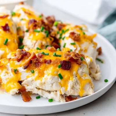 Creamy baked crack chicken breasts smothered in ranch cream cheese sauce with crumbled bacon