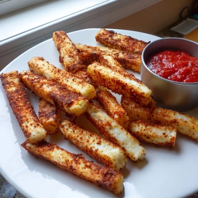 Crispy baked cottage cheese fries stacked on a plate beside cool ranch dipping sauce