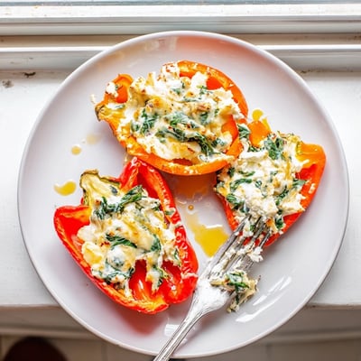 Creamy herb ricotta stuffed peppers served hot with wilted spinach and parmesan