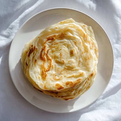 Hand-stretched Roti Canai with buttery layers on a traditional plate  